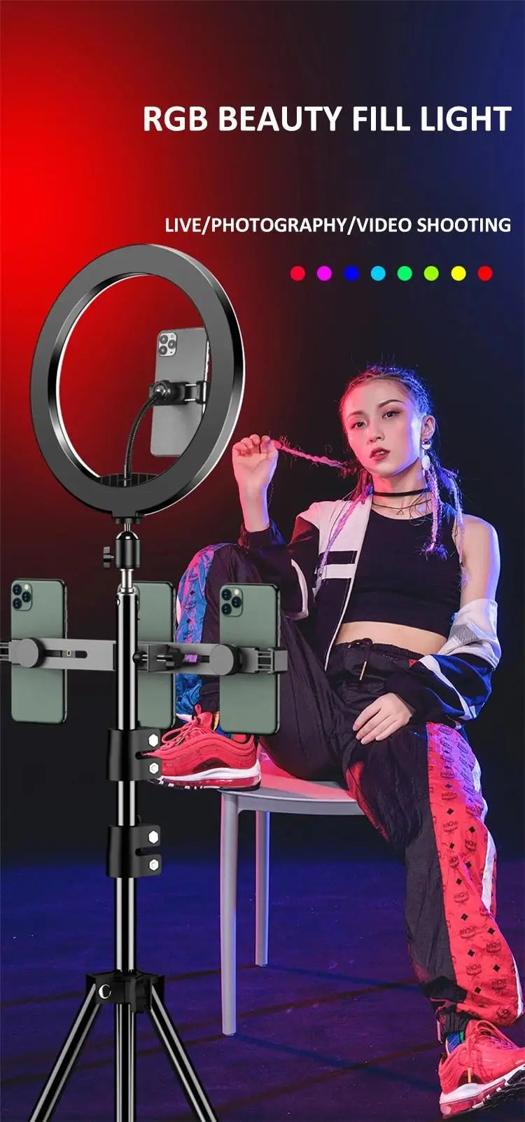 3000K-6000K 13 Inch RGB Ring Light Photography Lighting 15 Colors 33cm Color Fill Light with Mobile Phone Clip Tidesmit