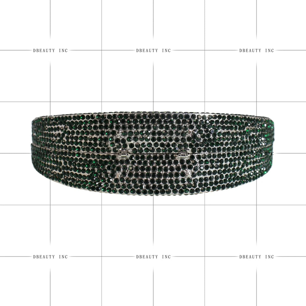 Green moon-shaped rhinestone evening clutch, luxury designer shoulder handbag for weddings and formal events.