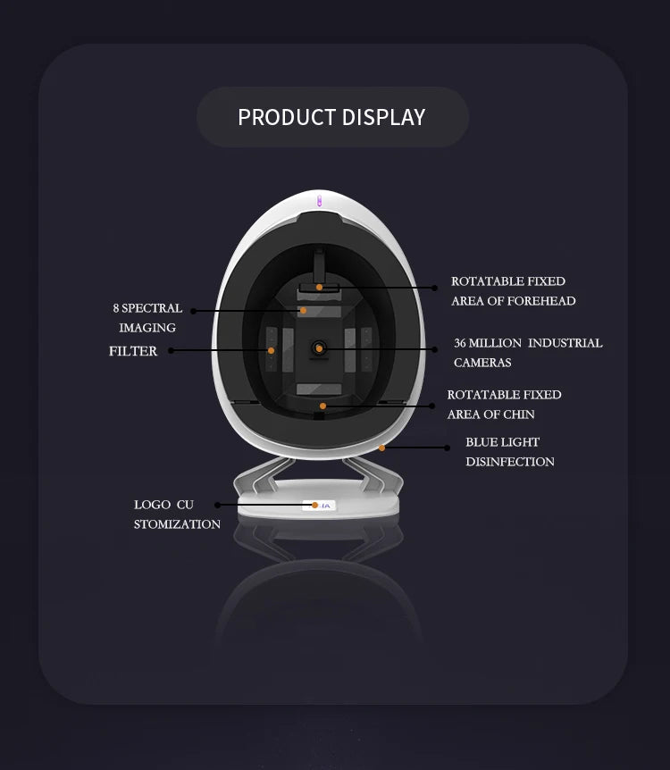 Smart facial skin analysis instrument with 8 spectral filters, 36MP camera, and blue light disinfection features.