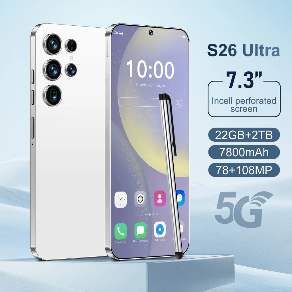 2025 New Original S26 Ultra Smartphones 5G Dual SIM Mobile Phone 22GB+2TB Storage 100W Quick HD Face Unlock Android 15 Spanish Tidesmit