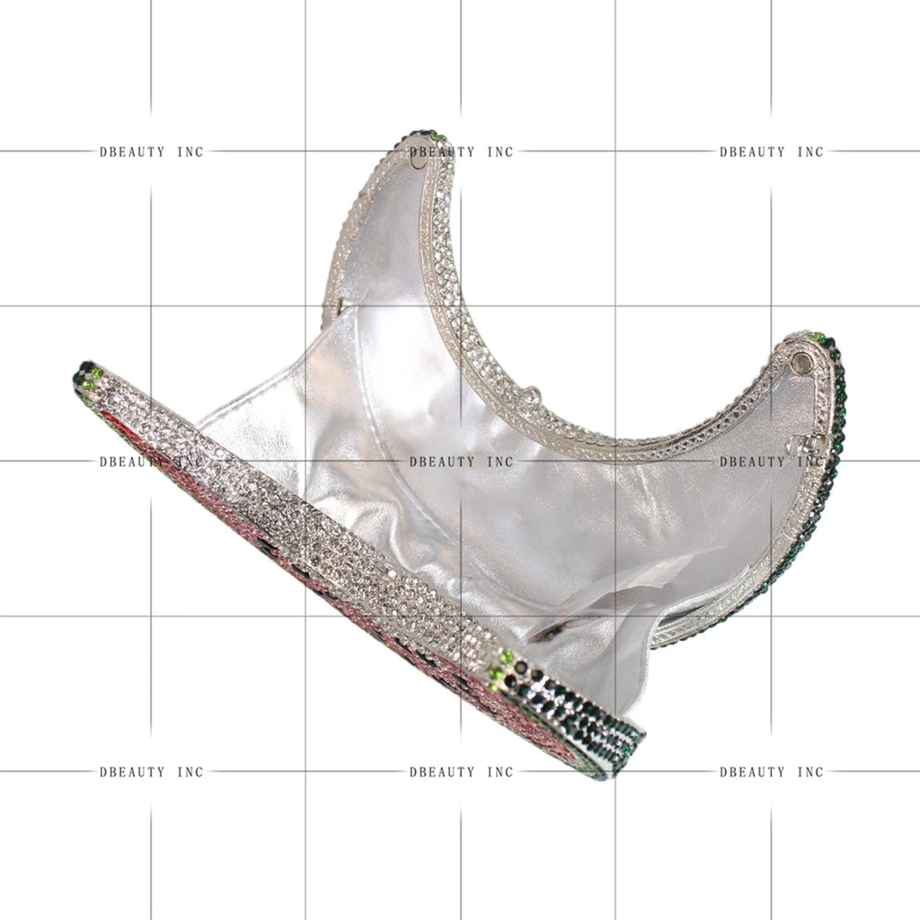 Luxury moon-shaped silver rhinestone evening clutch, designer handbag with colorful crystal accents and satin interior.