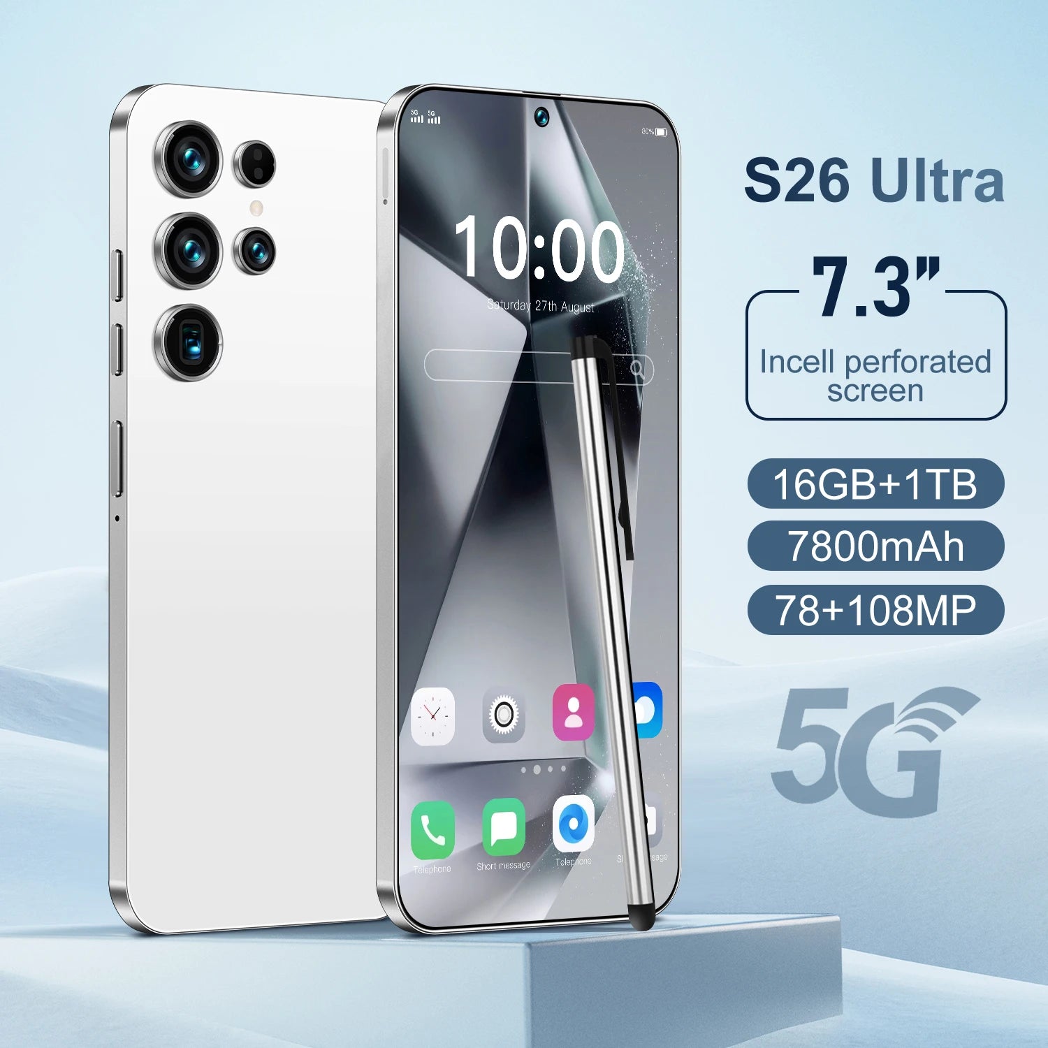 Unlocked S26 ULTRA 5G Mobile Phone 7.3 Inch Screen 108MP Camera 7800mAh Battery Dual Sim 1TB ROM Smart Features White 16g 1TB Tidesmit