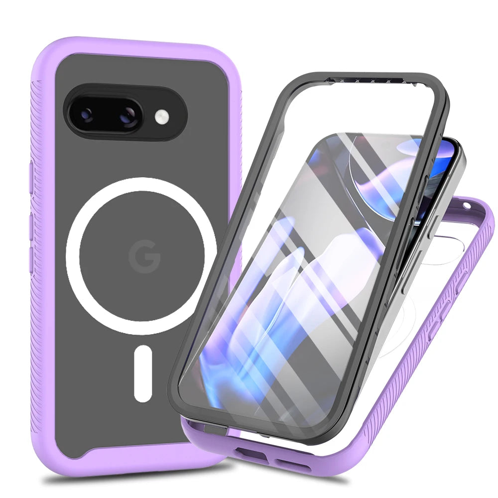 360 Full Body Protective Cover for Google Pixel 8A 9A 8 9 Pro XL PC PU Leather Screen Protector Wireless Charging Compatible Purple OPP Bag Tidesmit