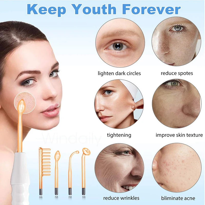 High-frequency facial wand with four distinct glass electrode attachments for skincare and acne treatment.