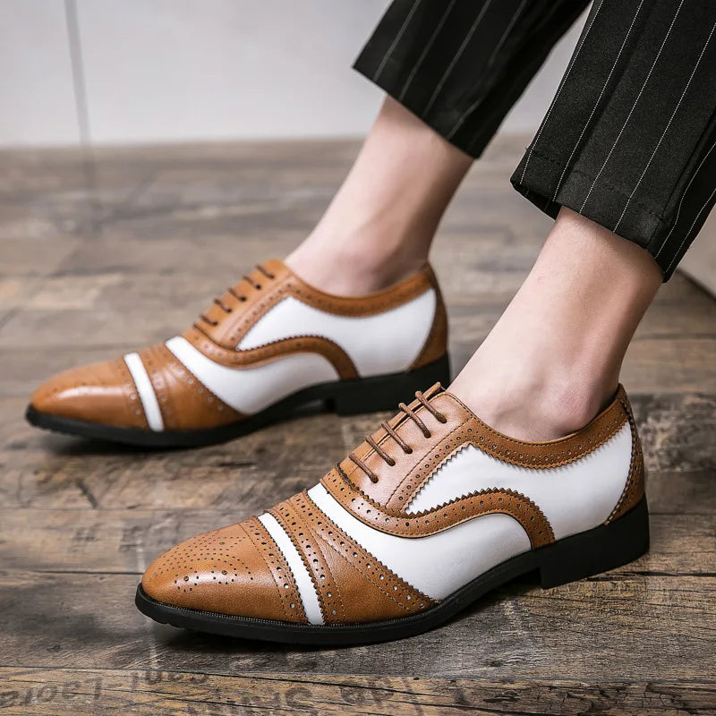 Men's New Pointed Head Double Color Block Carved Leather Shoes Anti-slip Wear-resistant Breathable Office Wedding Dress Shoes