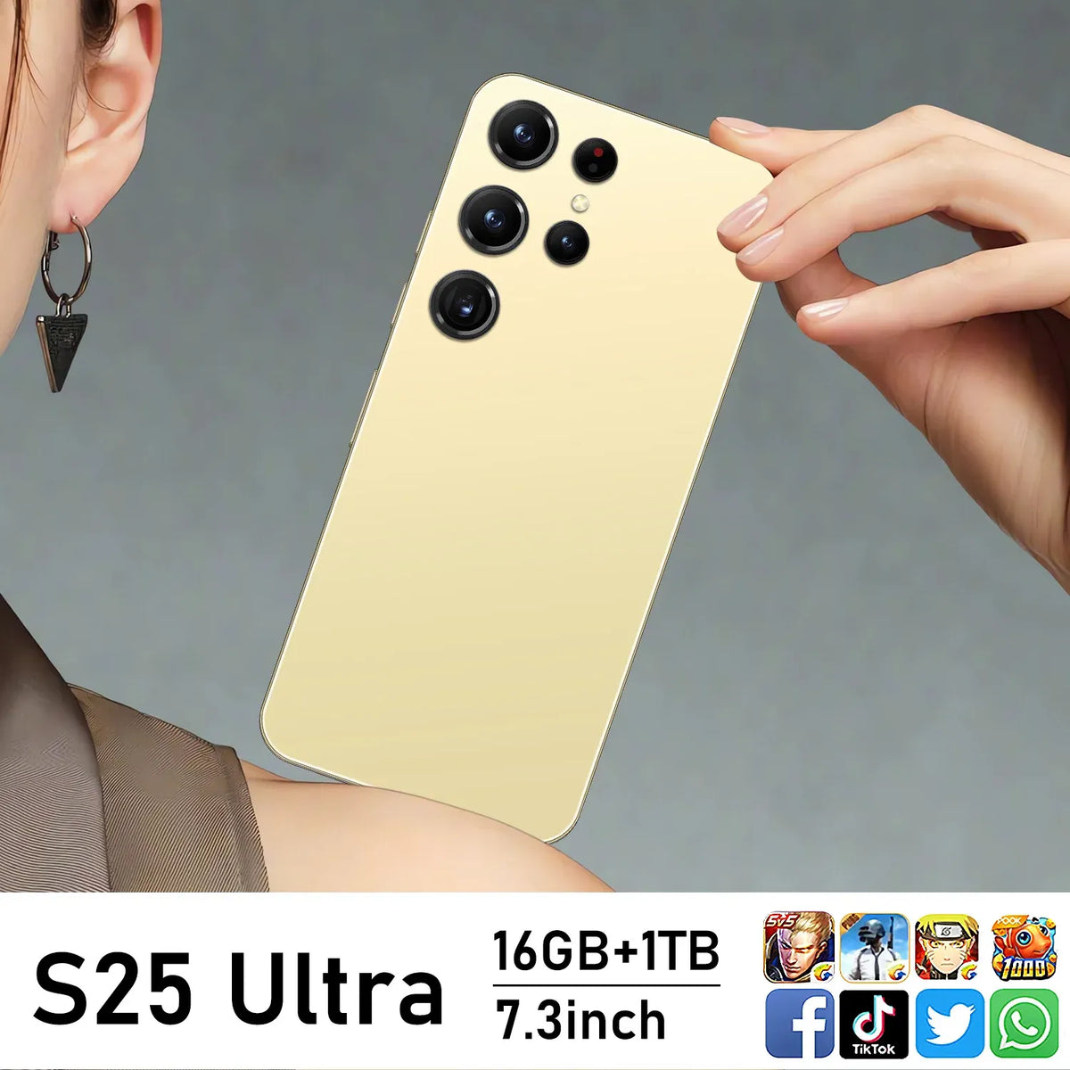 Gold smartphone with quad rear camera module and fingerprint sensor, glossy back