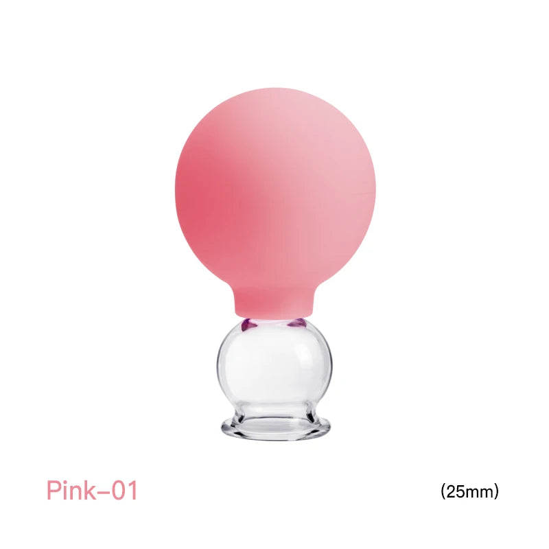 A 25mm vacuum cupping massage tool with a clear glass suction cup and a soft pink silicone squeeze bulb top.