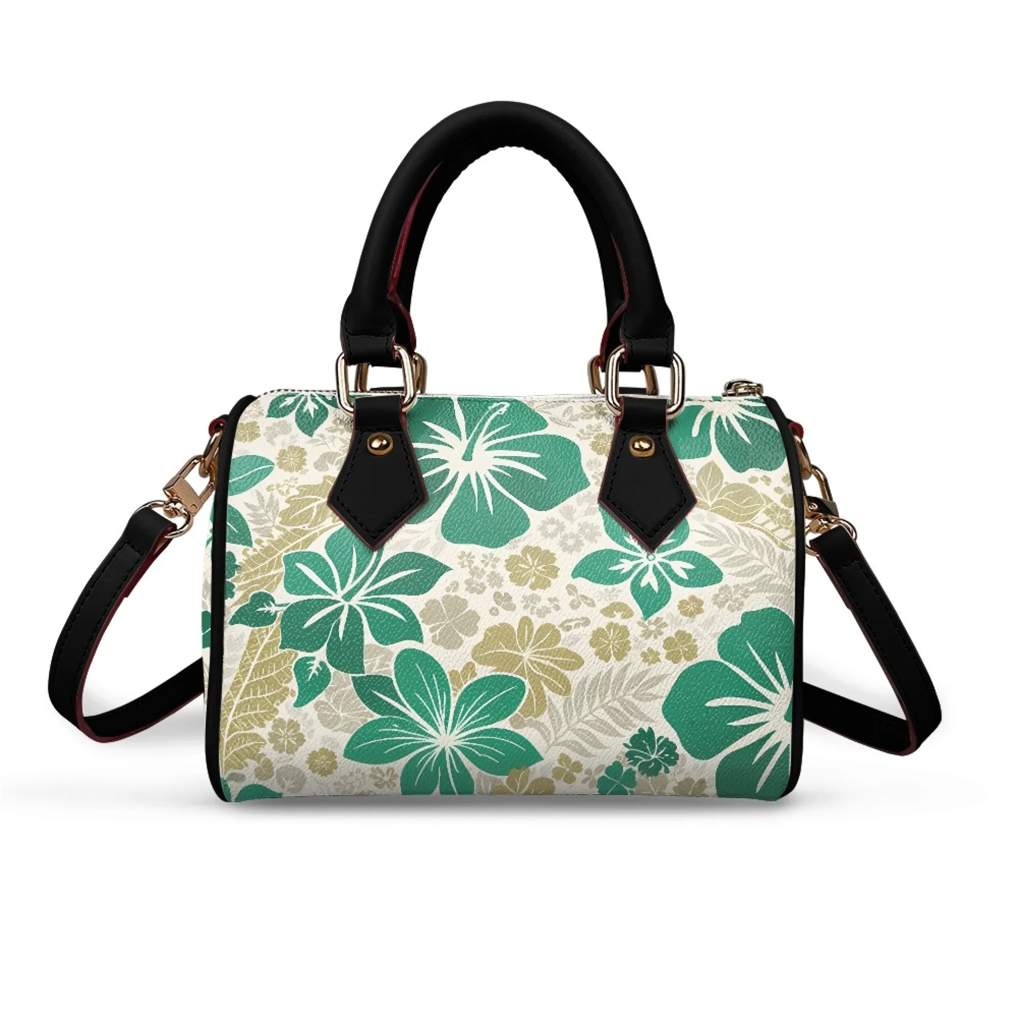 Tropical floral print pillow trunk handbag with green and beige patterns, black top handles, and detachable strap.