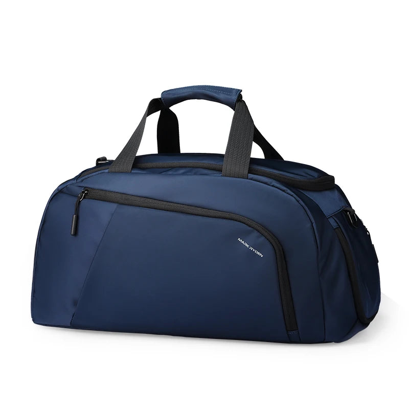 Mark Ryden navy blue water-resistant gym duffel bag with shoe compartment, side zipper, and durable carry handles.