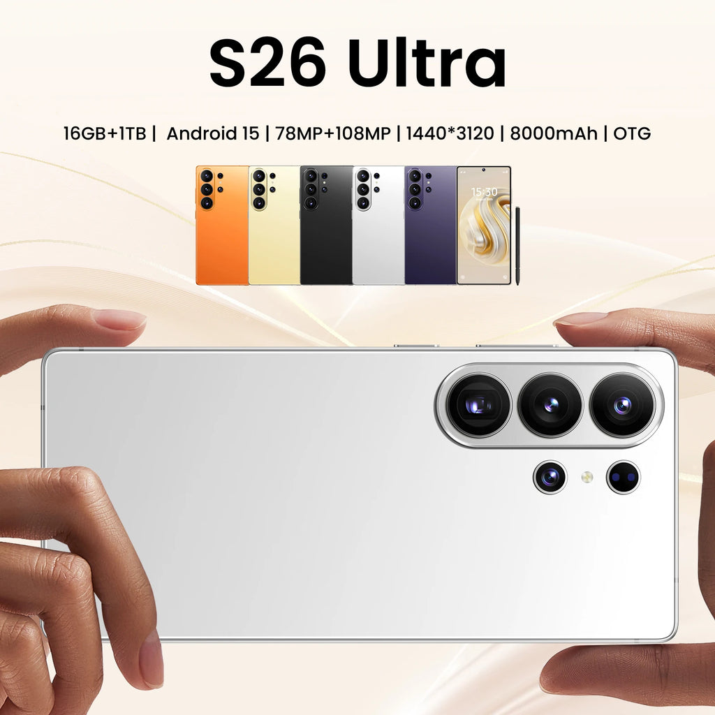 2026 S26 Ultra smartphone featuring 7.3-inch 144Hz display, 16GB RAM, 1TB storage, and 108MP camera, unlocked.