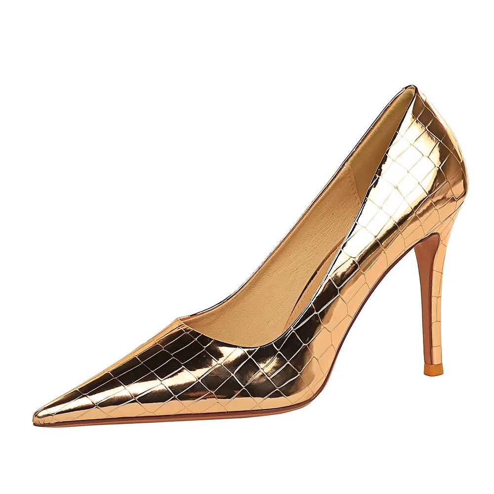 2026 New Model Sexy Thin Heel Patent Leather Pointed Toe Slip-On Formal Solid PU 10 cm Womens Nightclub High Heels