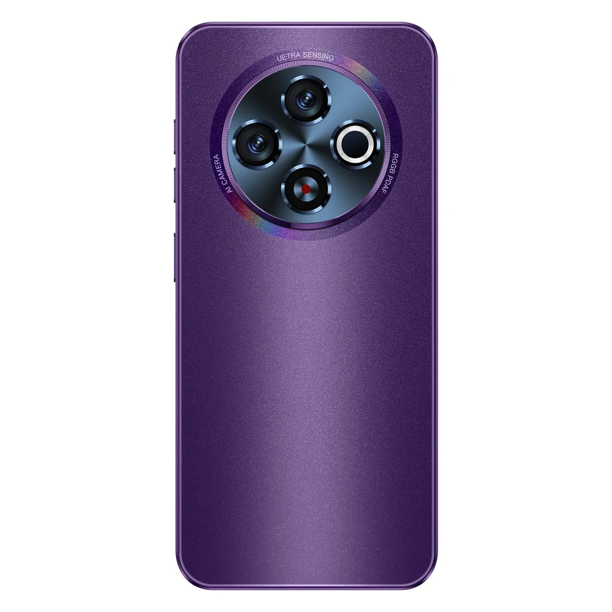 Purple 5G smartphone back with triple rear camera module