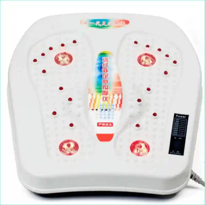 White electric vibrating foot massager with infrared heating, magnetic wave points, and reflexology therapy console.