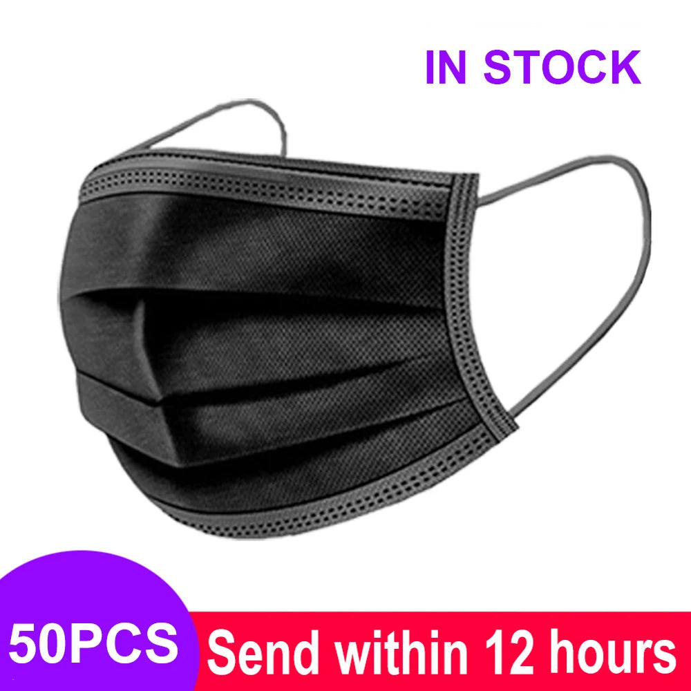 Black 3-layer disposable non-woven face mask with meltblown cloth, pleated texture, and elastic ear loops.
