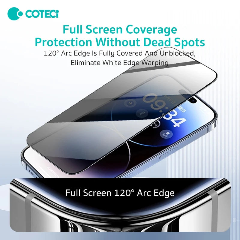 Coteci 16 Pro Max Glass Screen Protector Privacy Anti Scratch Unbreakable Easy Installation Tempered Glass for Iphone 15 16 Plus Tidesmit