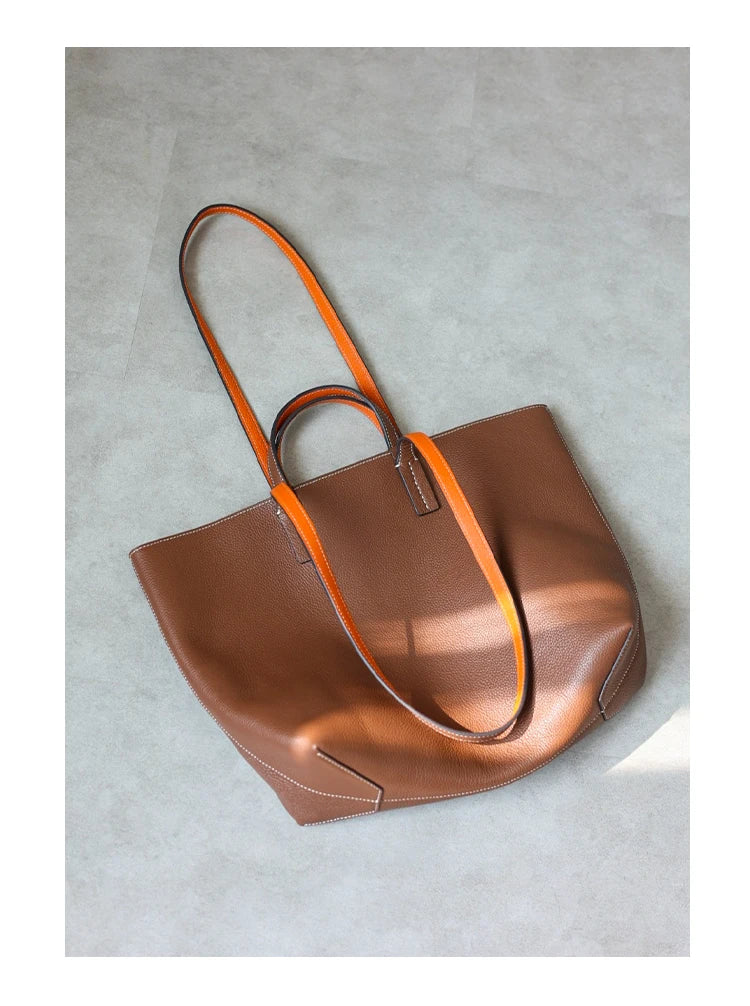 Women Luxury Genuine Leather Tote Soft Cowhide Handbag Two Sides Available Using Shoulder Bags Versatile And Durable
