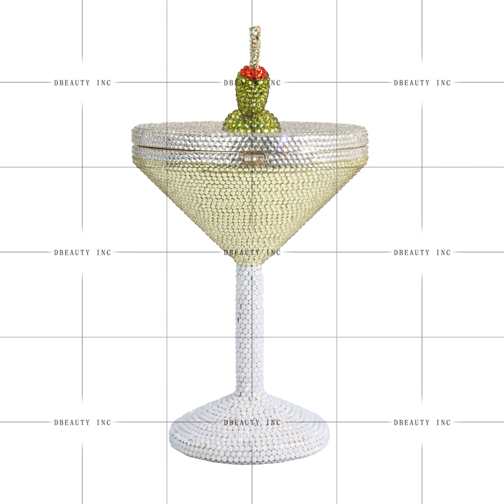 Martini glass designer handbag covered in sparkling rhinestones with a crystal olive topper for formal party wear.