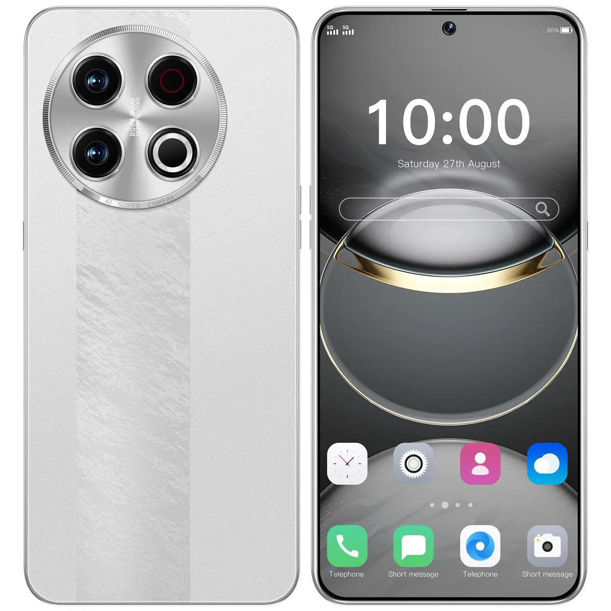 Tecno Spark 30 Pro unlocked smartphone, white front and back with triple camera and icons