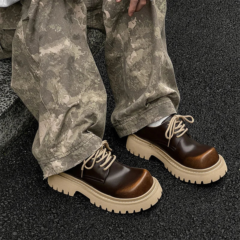 Men's Waterproof Winter Thick Sole Round Toe Lace-Up Formal Shoes with Microfiber Leather Upper and Shock-Absorbent Outsole