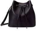Black pebble leather bucket bag, designer shoulder handbag with drawstring closure and chic silver-tone hardware.