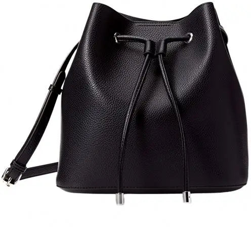 Black pebble leather bucket bag, designer shoulder handbag with drawstring closure and chic silver-tone hardware.