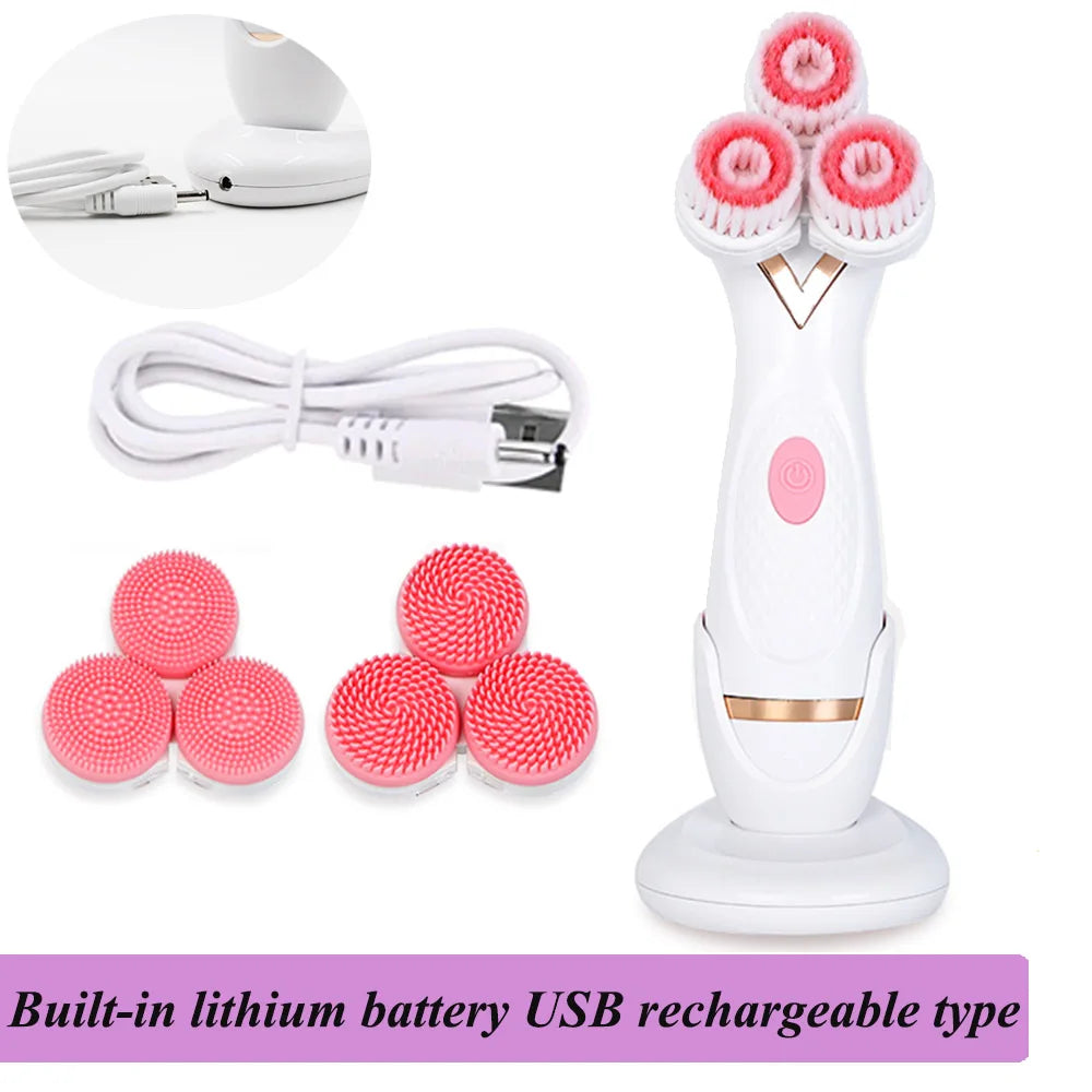 Sonic facial cleansing brush set with triple rotating heads, USB rechargeable, for deep pore cleaning and exfoliation.