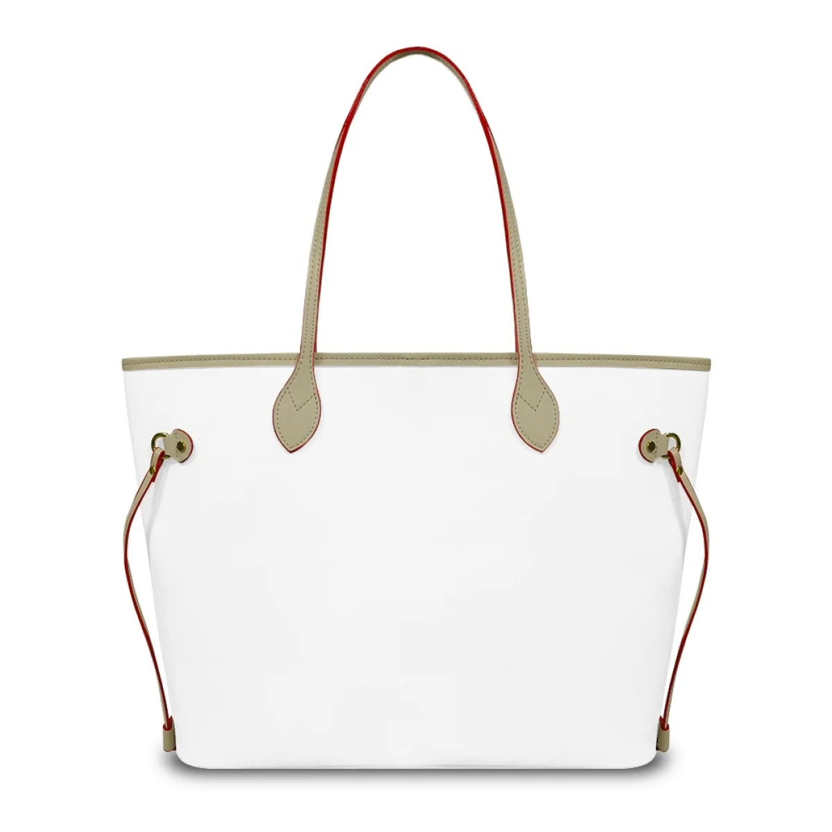 White leather designer tote bag with beige straps, red trim accents, and gold hardware. Large capacity shoulder purse.