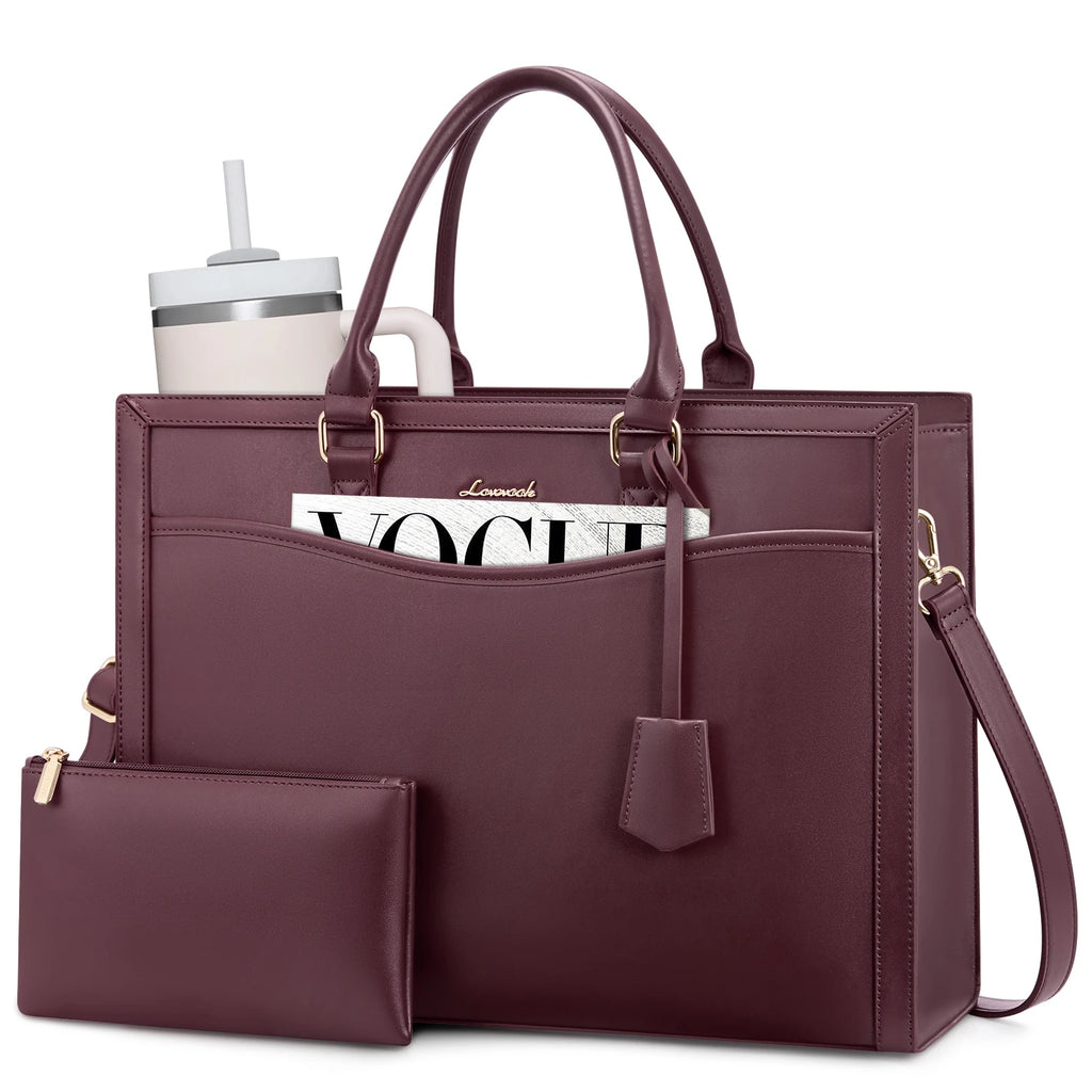 Burgundy LOVEVOOK designer leather laptop tote bag for women with matching clutch, structured office work handbag.
