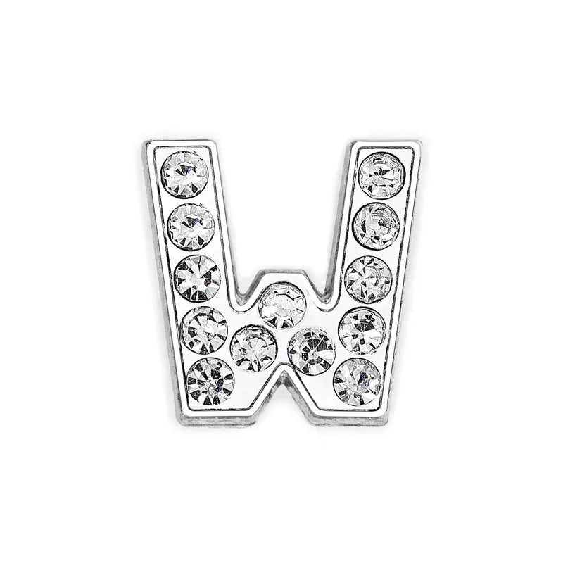 Silver rhinestone letter 'W' slide charm for 8mm DIY pet collars to personalize your dog or cat’s accessory.
