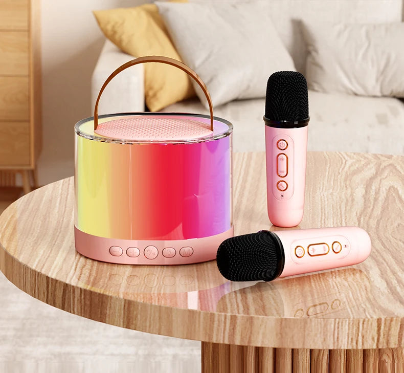 K52 Mini Wireless Bluetooth Karaoke Speaker for Kids with LED Light Two Wireless Microphones Gifts for Boys Girls Birthday Pink with 2 Mic My Store