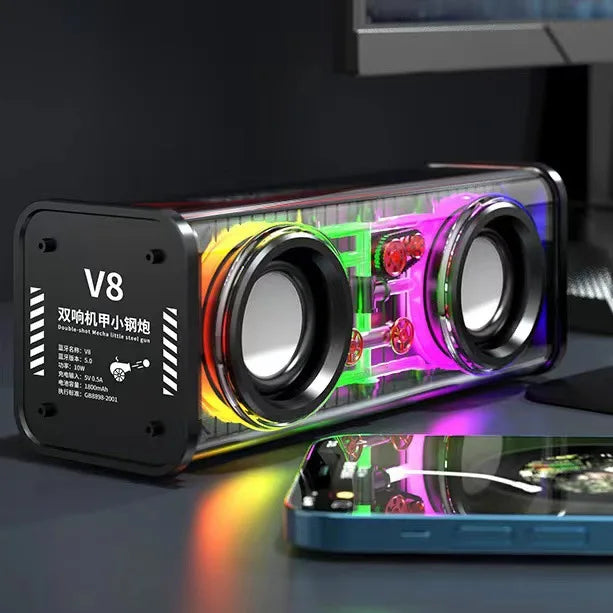 V8 Mecha Bluetooth Speaker RGB Atmosphere Light High-Power 10W Mini Stereo Heavy Subwoofer for Home Car Supports Memory Card V8 double ring black My Store