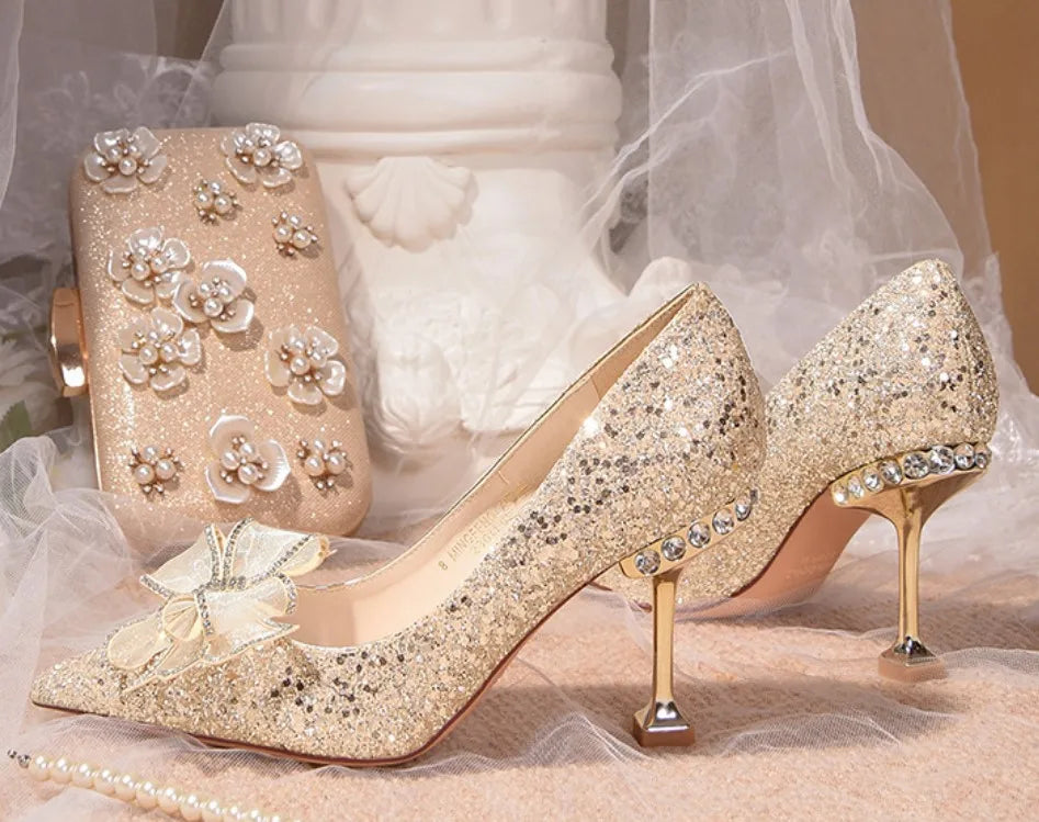 Luxury Shiny Champagne Gold High-heeled Women's Shoes Pointed Toe Designer Heels Ladies Sexy Bridal Wedding Gowns Shoe