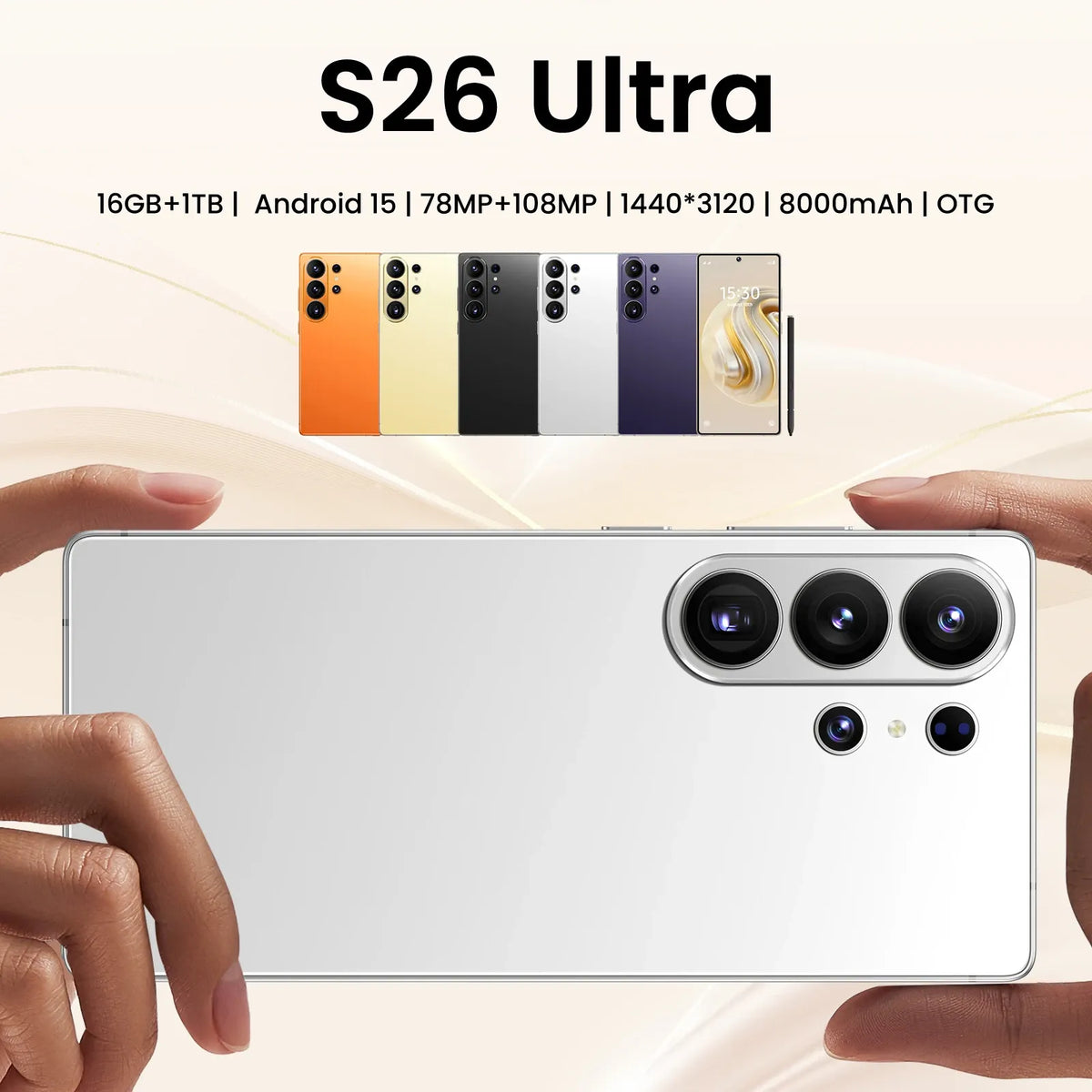White smartphone back with triple cameras, held in left hand