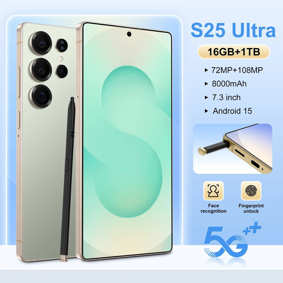 Light green smartphone with quad rear cameras, front display, and black stylus pen