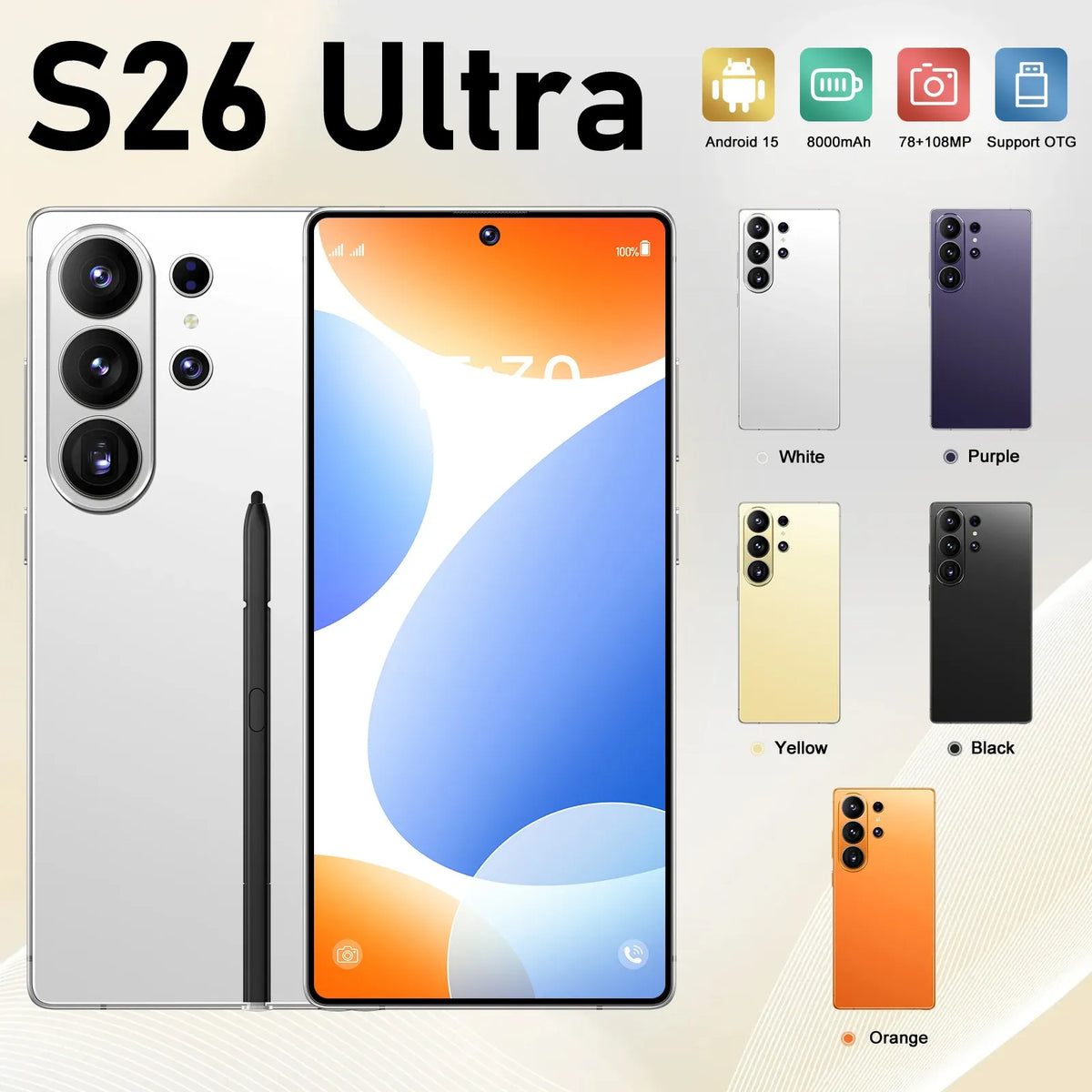 Smartphone set with white back and front display, stylus included, plus color options