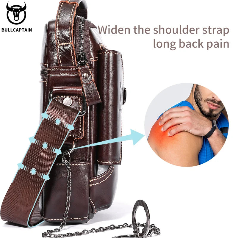 BULLCAPTAIN vintage brown cowhide leather crossbody bag with wide ergonomic strap for comfortable shoulder carry.