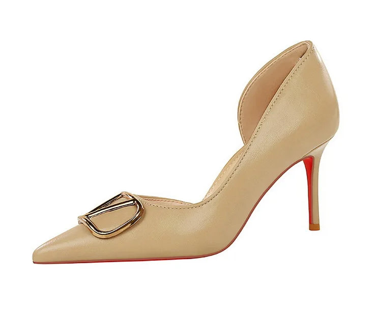 2026 New Korean Style Party Sexy High Heel Metal V-Closure Pointed Toe Low-Cut Thin Heel Side Cutout Professional High Heels