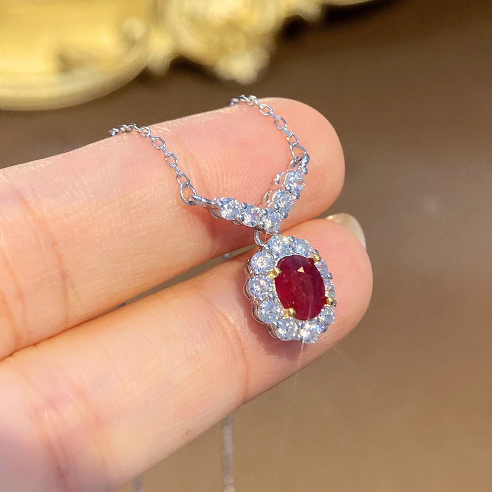 Natural Red Ruby Pendant Necklace S925 Sterling Silver Fine Jewelry for Women Fashion Gemstone Charm Anniversary Gift Wholesale