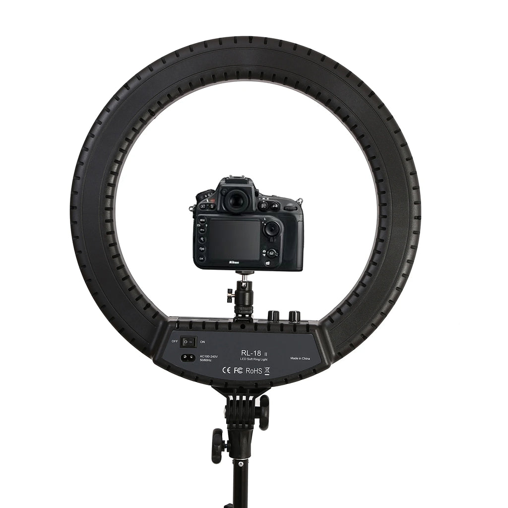 Black RL-18 II LED ring light with a mounted camera for photography and video lighting.