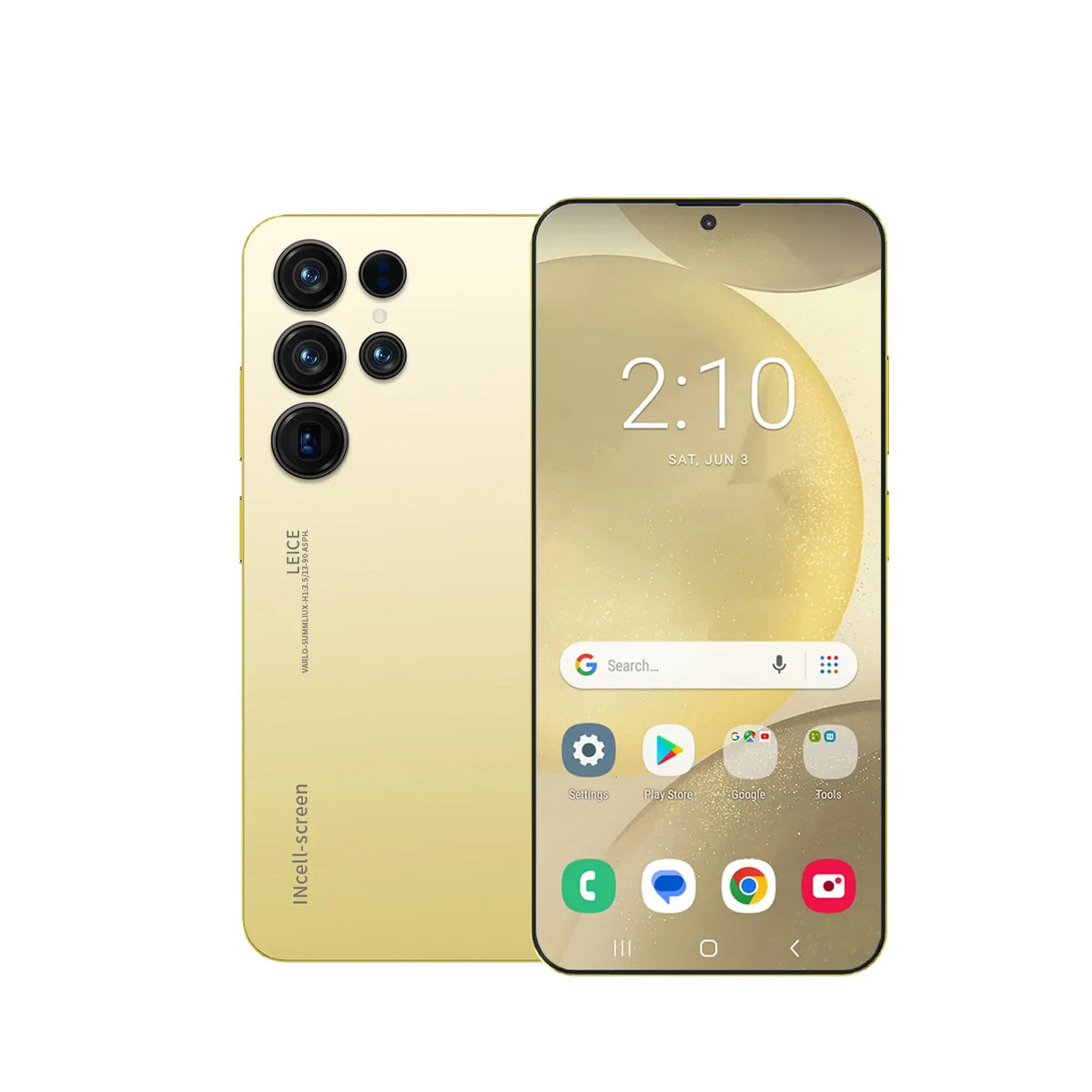 S26 Ultra 5G phone in gold with front display and quad rear cameras.