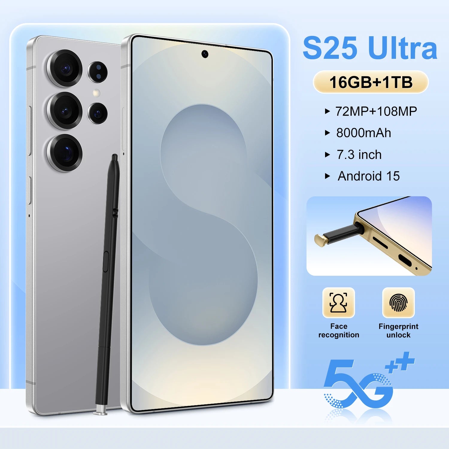 Tidesmit S25 Ultra 7-inch 5G smartphone with 108MP camera, 7800mAh battery, and integrated stylus pen.