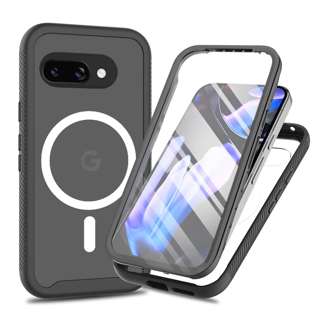 360 Full Body Protective Cover for Google Pixel 8A 9A 8 9 Pro XL PC PU Leather Screen Protector Wireless Charging Compatible Black OPP Bag Tidesmit