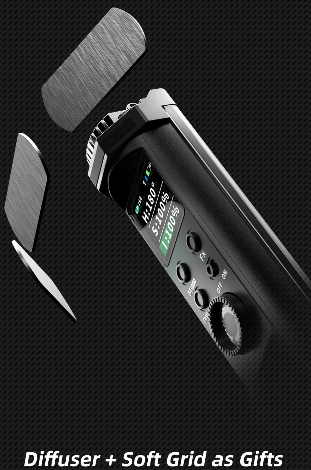 Handheld black LED light wand with a digital display, control dials, and magnetic metal diffuser plates.