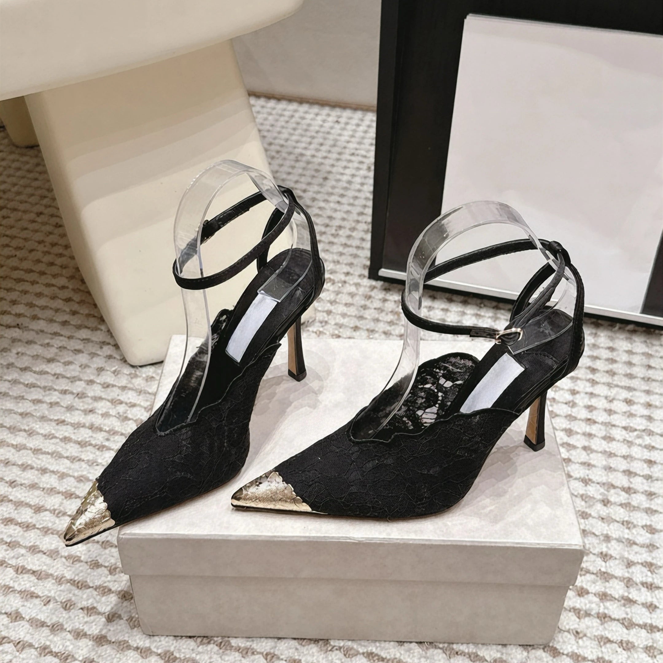High-quality Designer Style Lace-up Pointed Toe Open-heeled 10cm Stiletto Heels Women's Ankle-length Strappy Elegant Heels