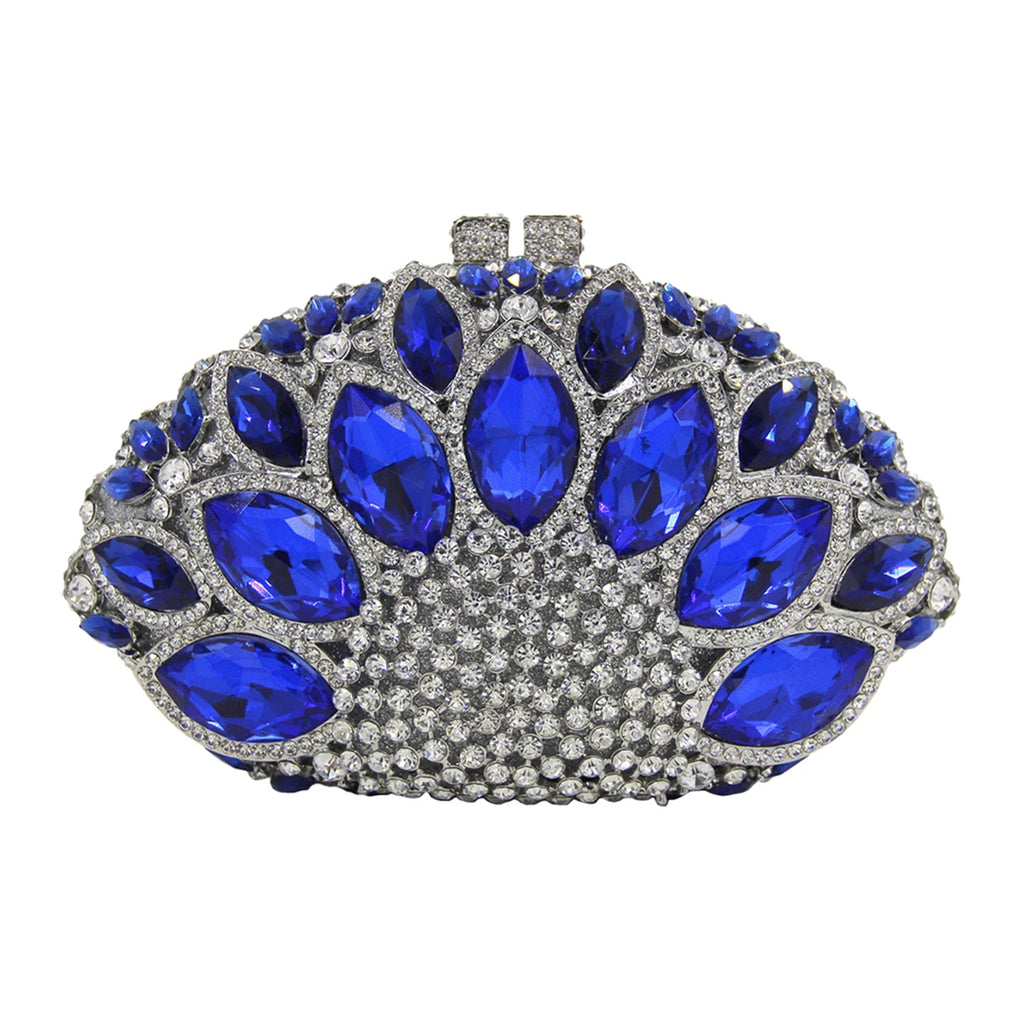 Luxury blue crystal evening clutch with large oval rhinestones and silver metal frame for formal dinner handbags.