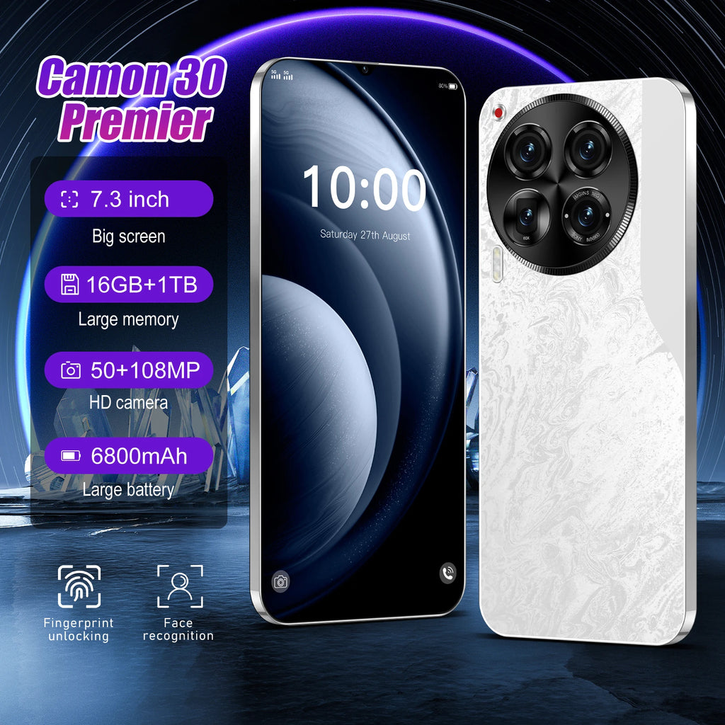 Tecno Camon 30 Pro 5G smartphone with Android 14 and LED display, featuring face unlock in French and Spanish