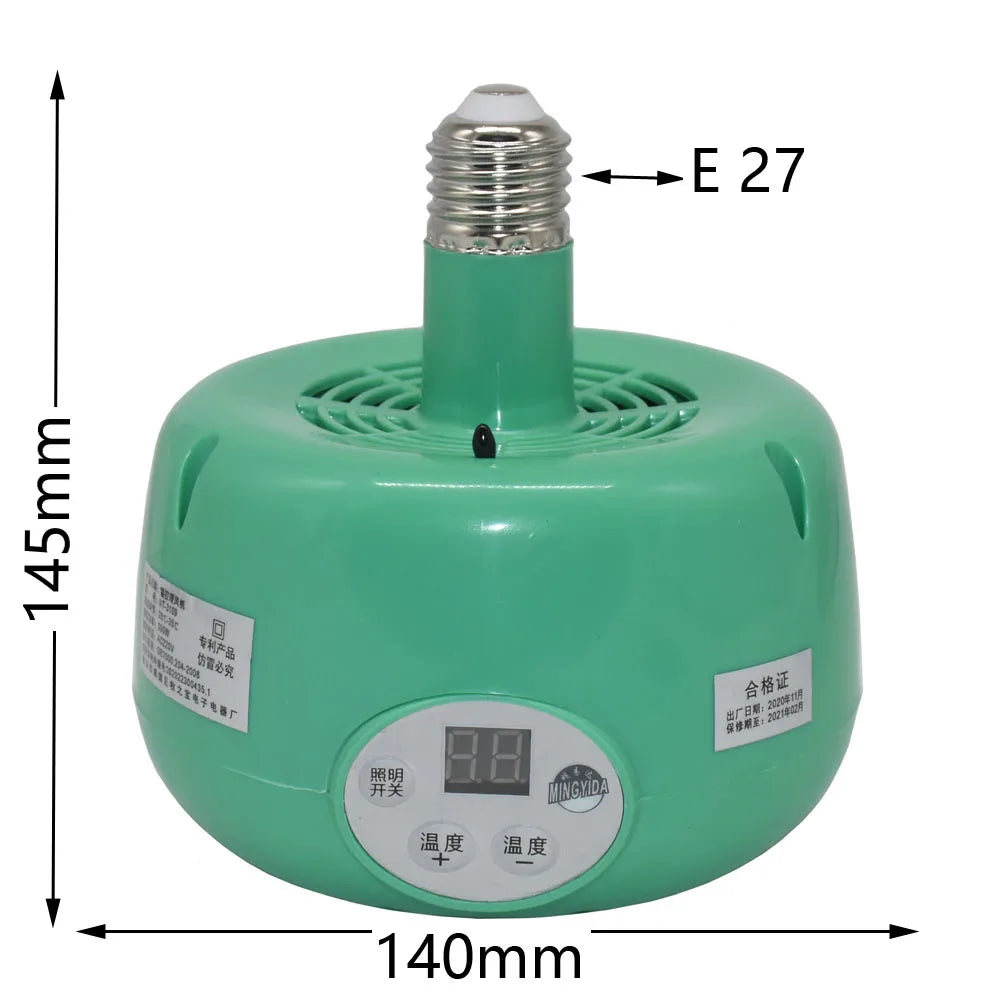 Green 300W thermostatic pet heating lamp with E27 base and digital display for chicken and reptile box warmth control.