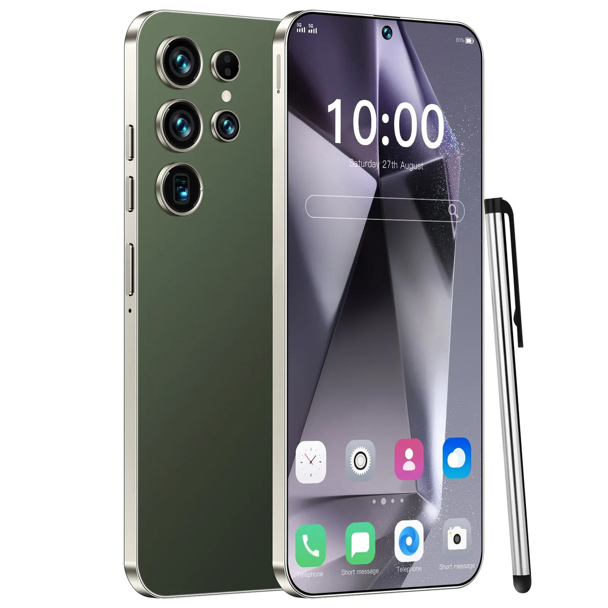 Dark green Android 15 smartphone with quad rear camera and front display