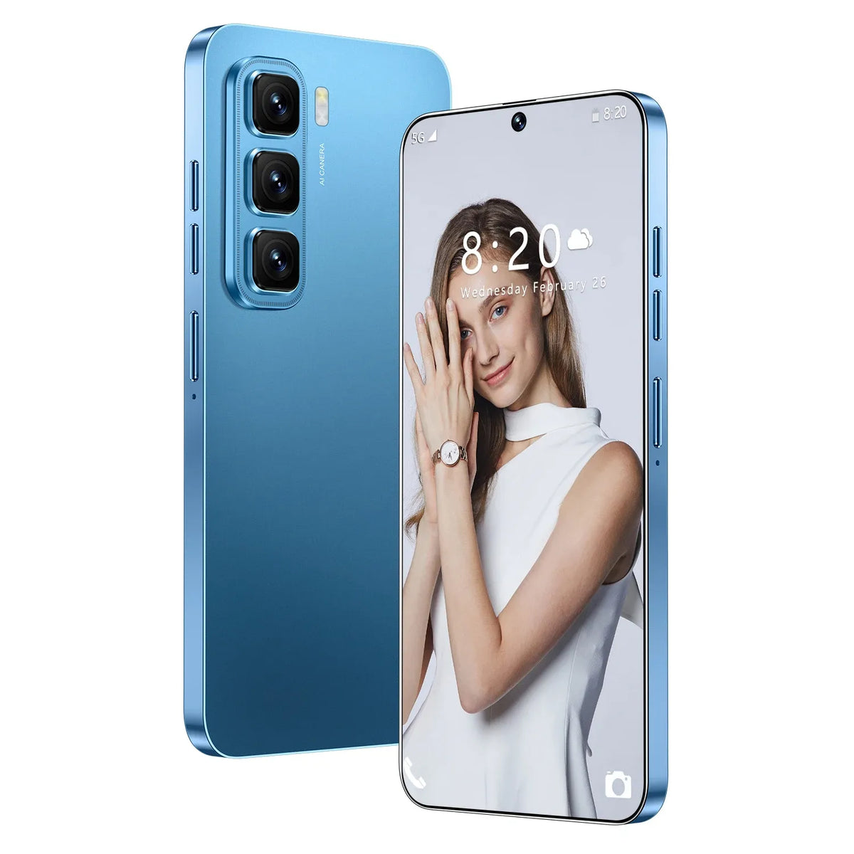 Blue 5G smartphone with triple rear cameras and front screen.