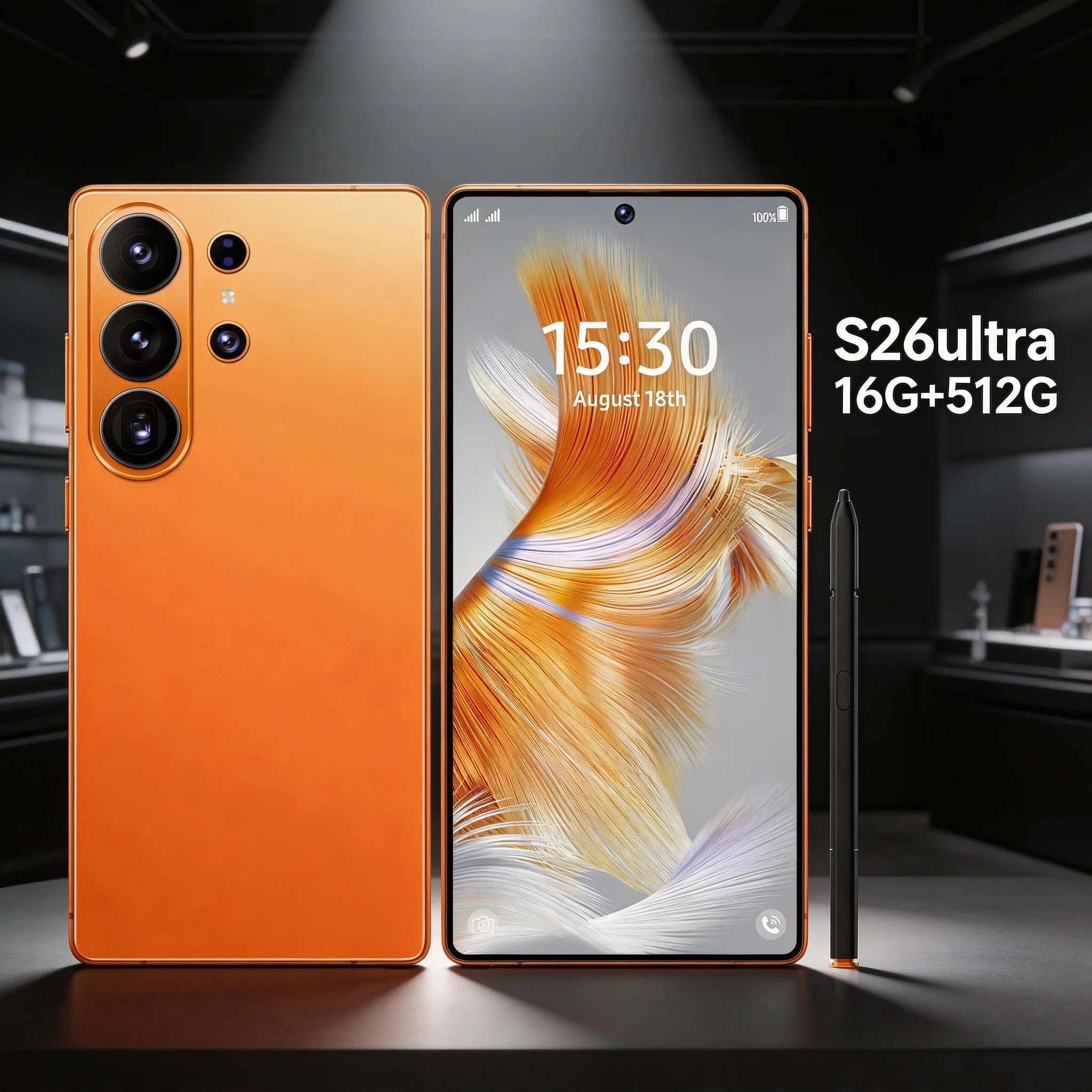 Tidesmit S26 Ultra 5G smartphone with 16GB RAM, 512GB storage, 108MP camera, built-in pen, and global unlocked SIM.